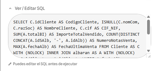 SQL editable en modal